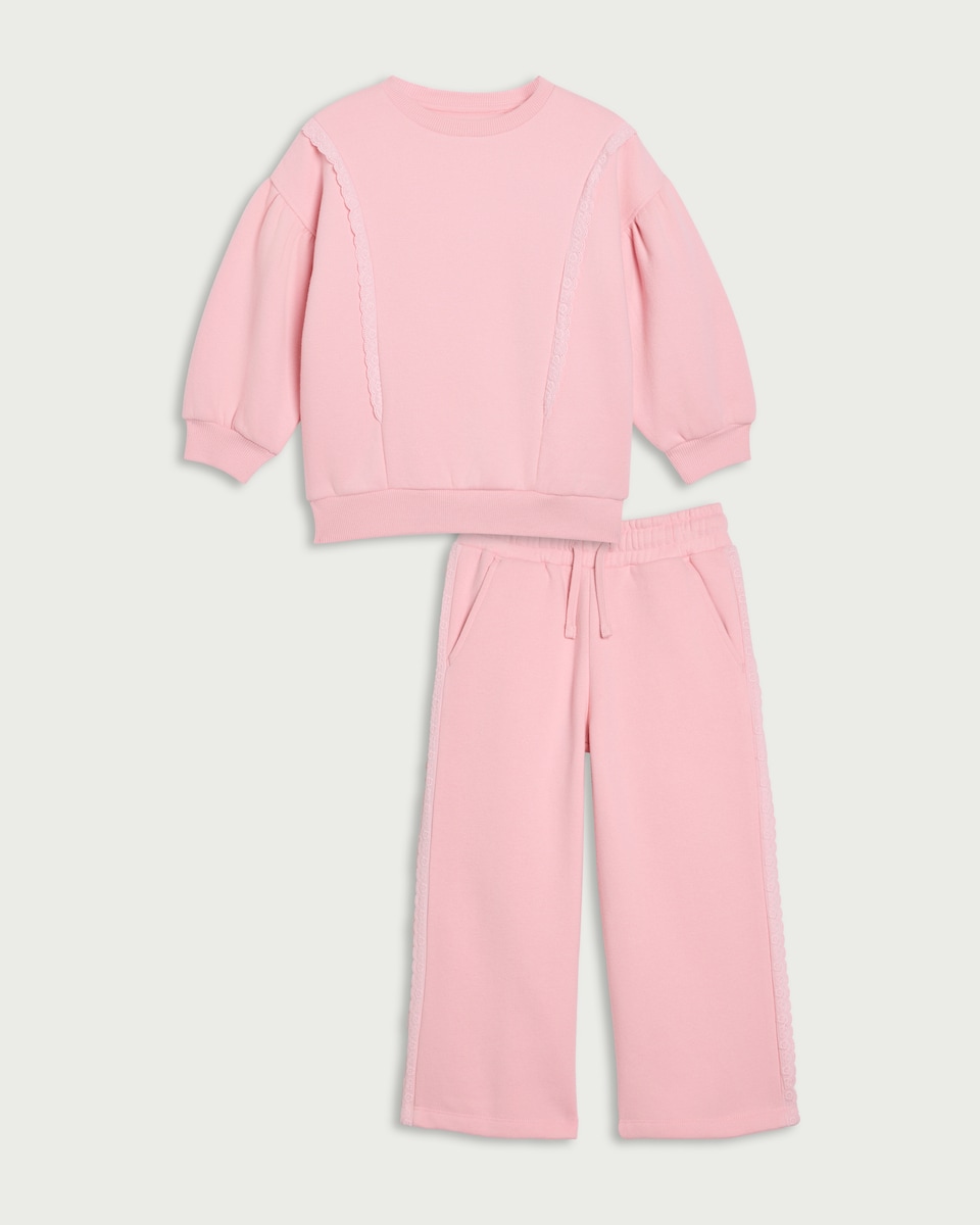 image 1 of F&F Girls 2-Piece Cotton Rich Lace Trim Sweatshirt and Joggers Set in Pink