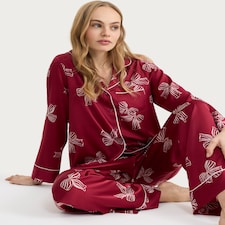 F&F Satin Bow Print Pyjama Set in Red