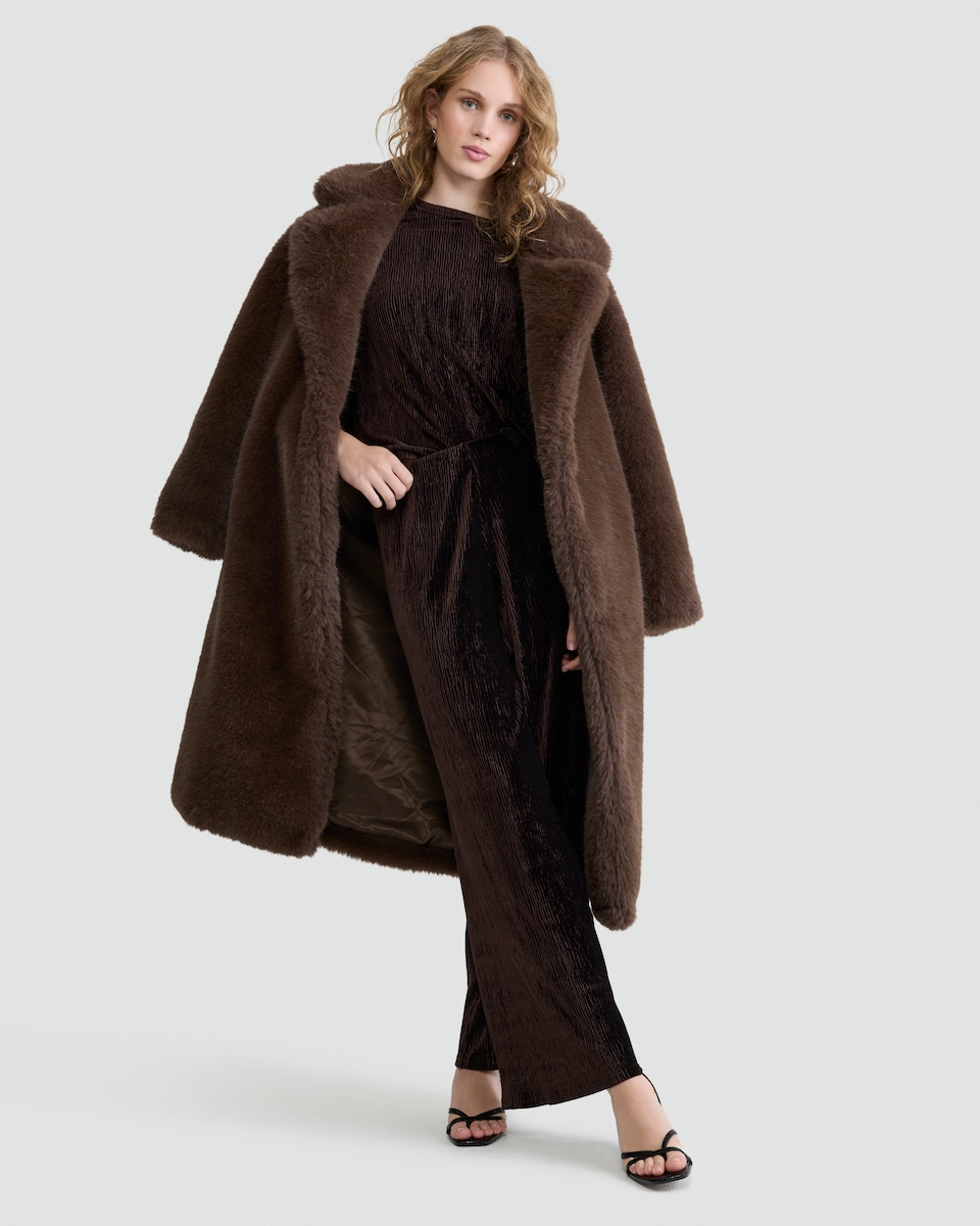 image 1 of F&F Velvet Textured Wide Leg Co-Ord Trousers in Brown