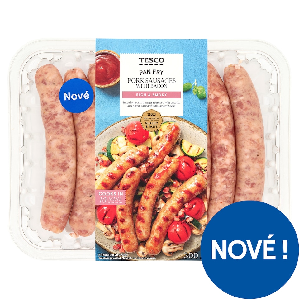 Tesco Pan Fry vepřová klobása s uzenou slaninou 300g