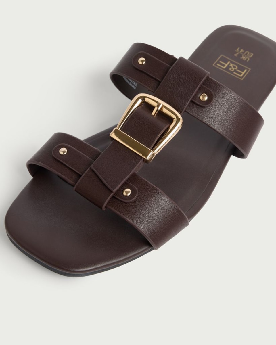 image 1 of F&F Buckle Detail Slip On Sandals in Brown