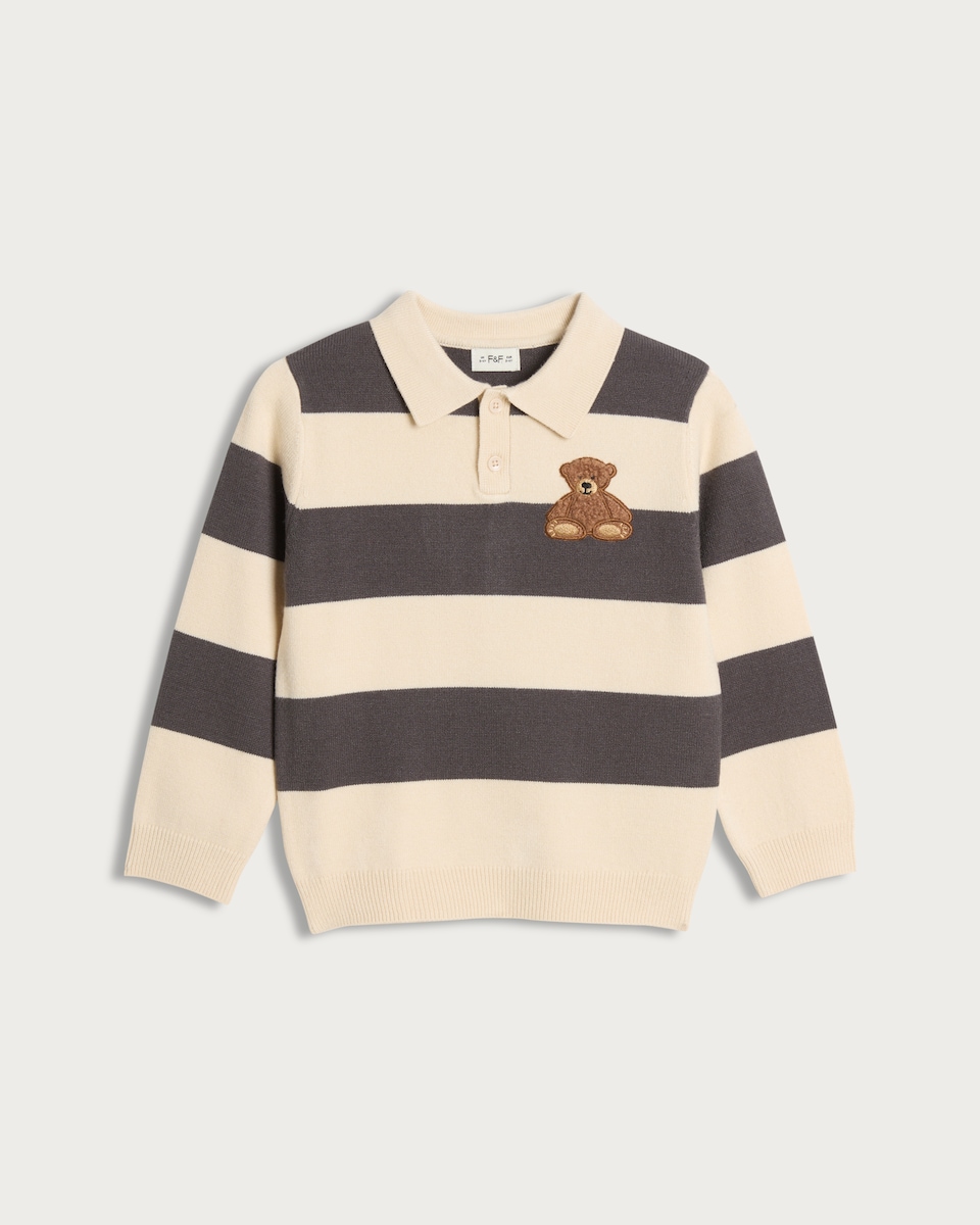image 1 of F&F Boys Stripe Print Teddy Bear Rugby Jumper in Grey