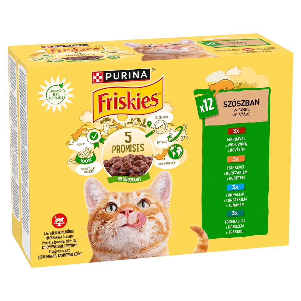 PURINA FRISKIES multipack s hovězím, kuřetem, tuňákem, treskou ve šťávě 12 x 85g