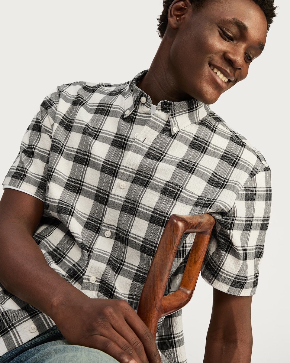 image 1 of F&F Cotton Rich Crinkle Check Print Short Sleeved Shirt in Cream