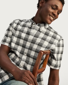 F&F Cotton Rich Crinkle Check Print Short Sleeved Shirt in Cream