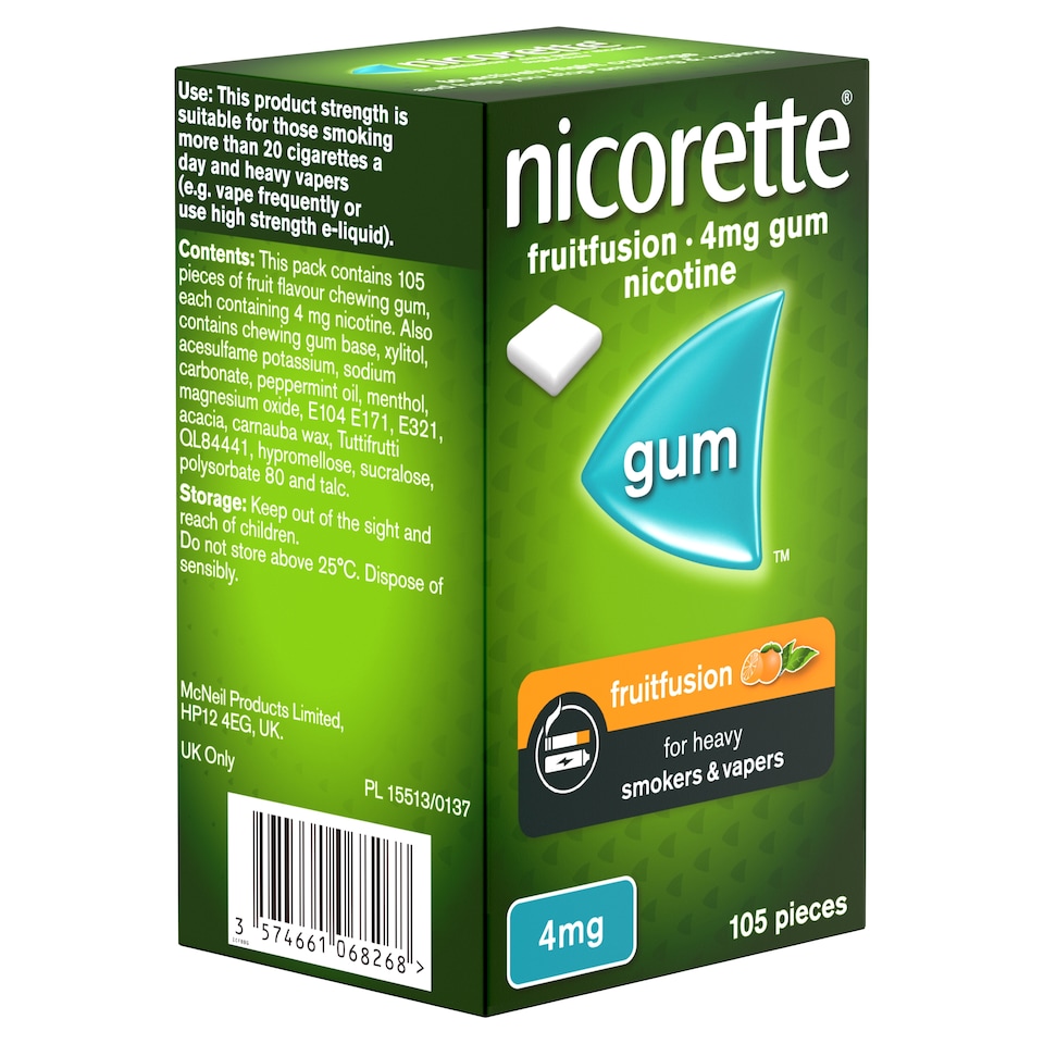 image 1 of Nicorette Stop Smoking Aid 4mg Nicotine Gum - Fruitfusion 105s