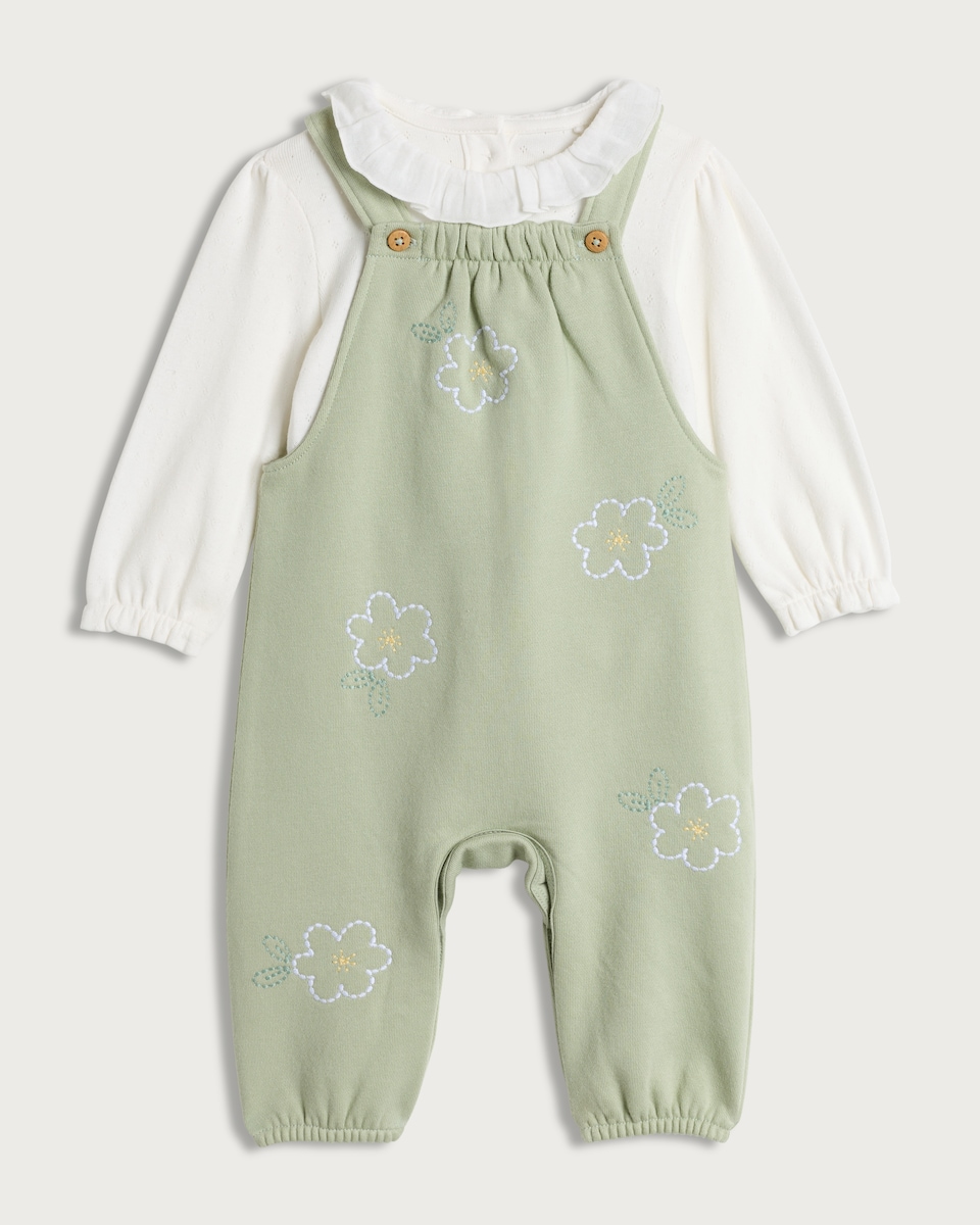 image 1 of F&F Baby 2-Piece Cotton Rich Floral Embroidered Dungarees and Bodysuit Set in Green