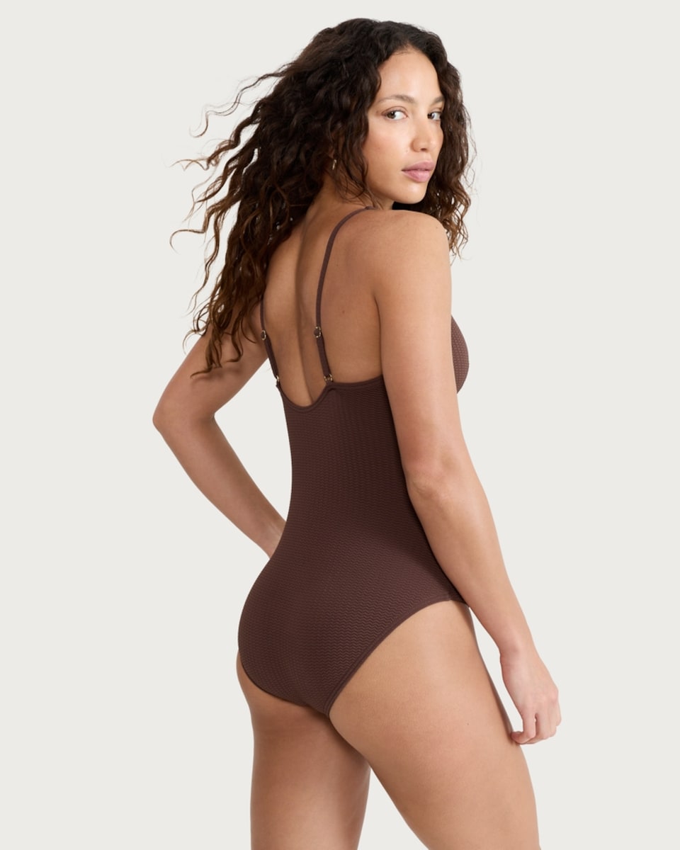 image 1 of F&F Textured Metal V Neck Plunge Tummy Control Swimsuit in Chocolate
