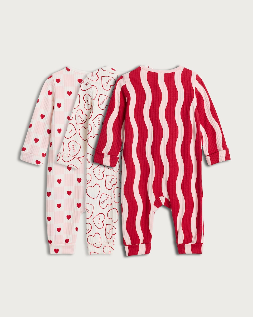 image 1 of F&F Baby 3-Pack Cotton Rich Ribbed Heart and Wave Print Sleepsuits in Red