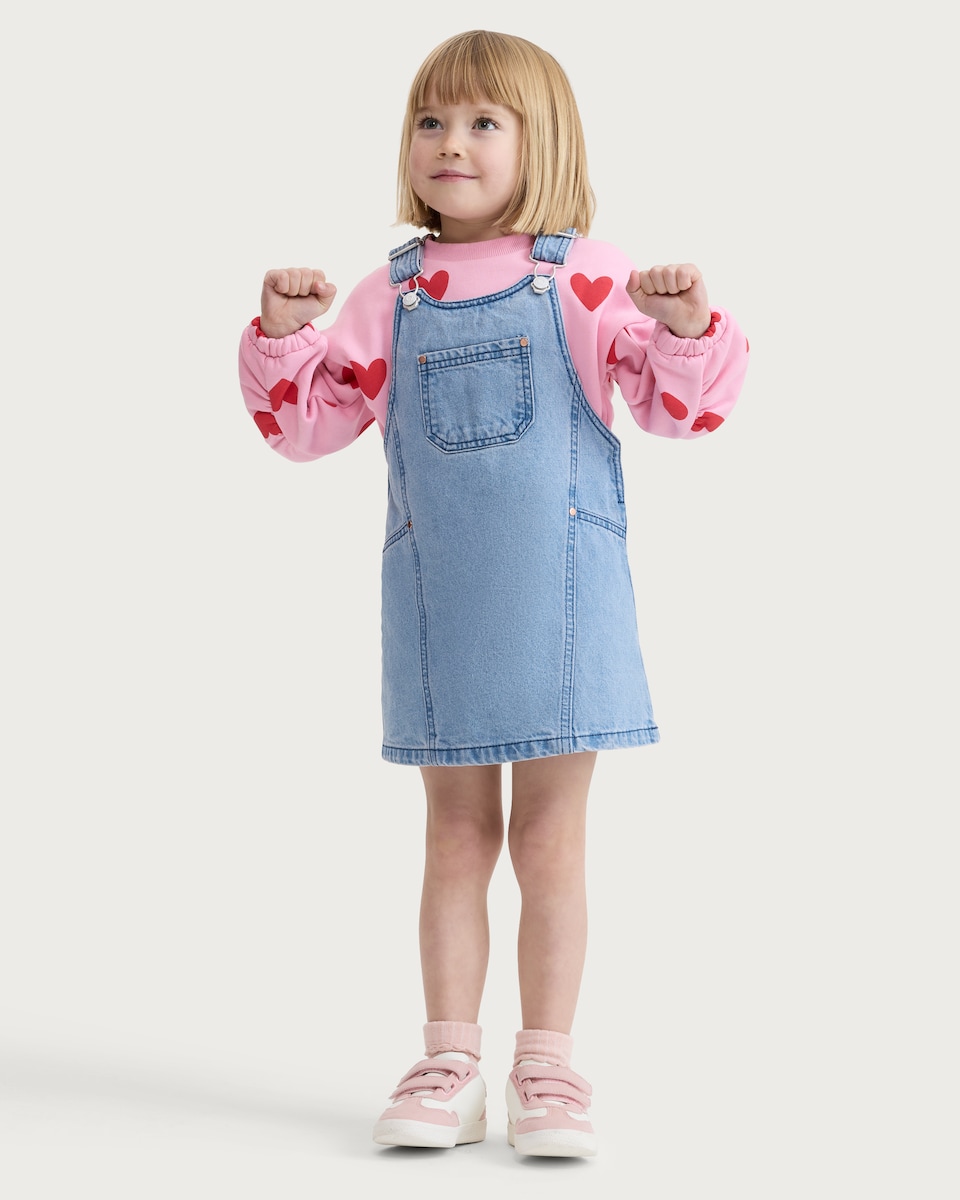 image 1 of F&F Girls 2-Piece Cotton Rich Heart Print Sweatshirt and Denim Pinafore Dress Set in Blue