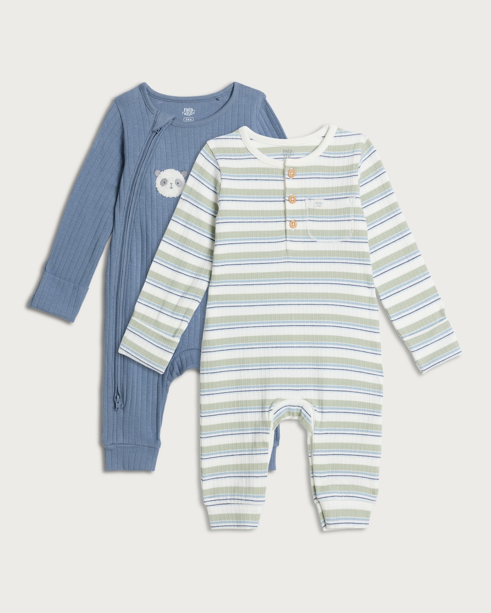 image 1 of F&F Baby 2-Pack Cotton Rich Ribbed Animal and Stripe Print Sleepsuits in Blue