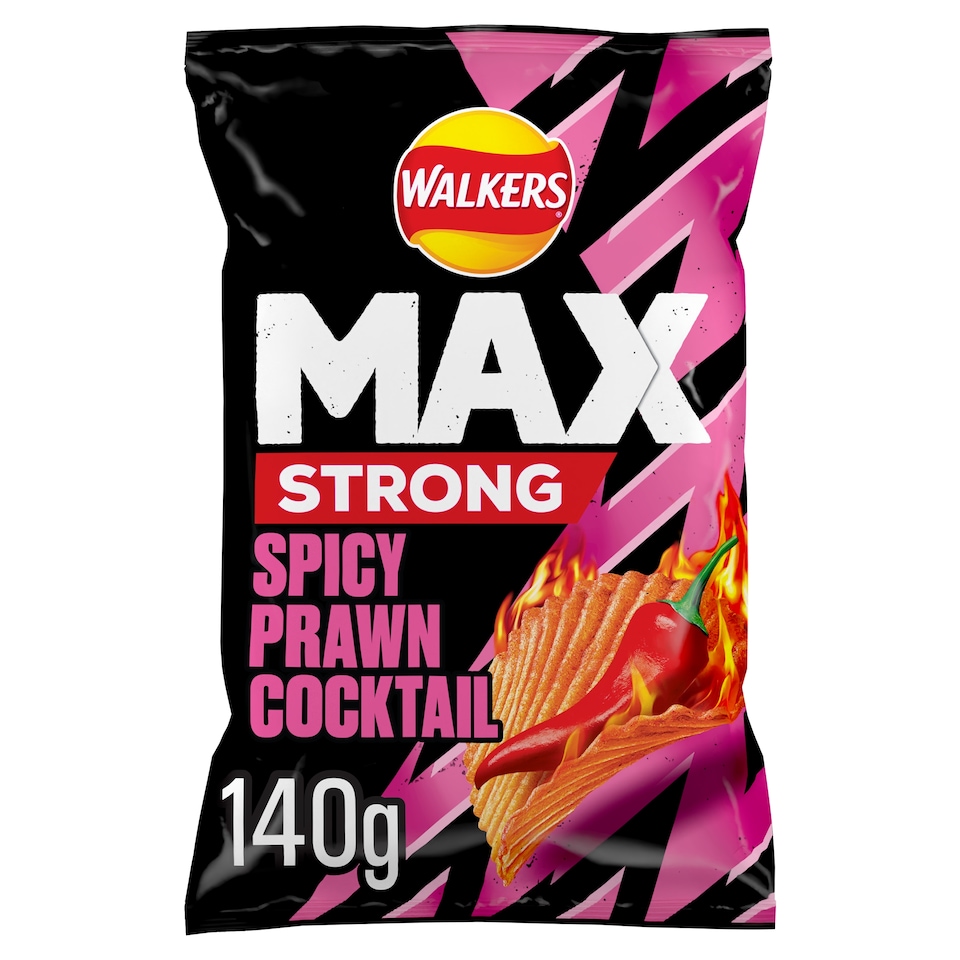 image 1 of Walkers Max Strong Fiery Prawn Cocktail Sharing Bag Crisps 140g
