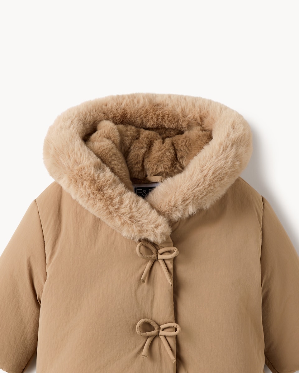 image 1 of F&F Baby Bow Detail Faux Fur Hooded Jacket in Stone