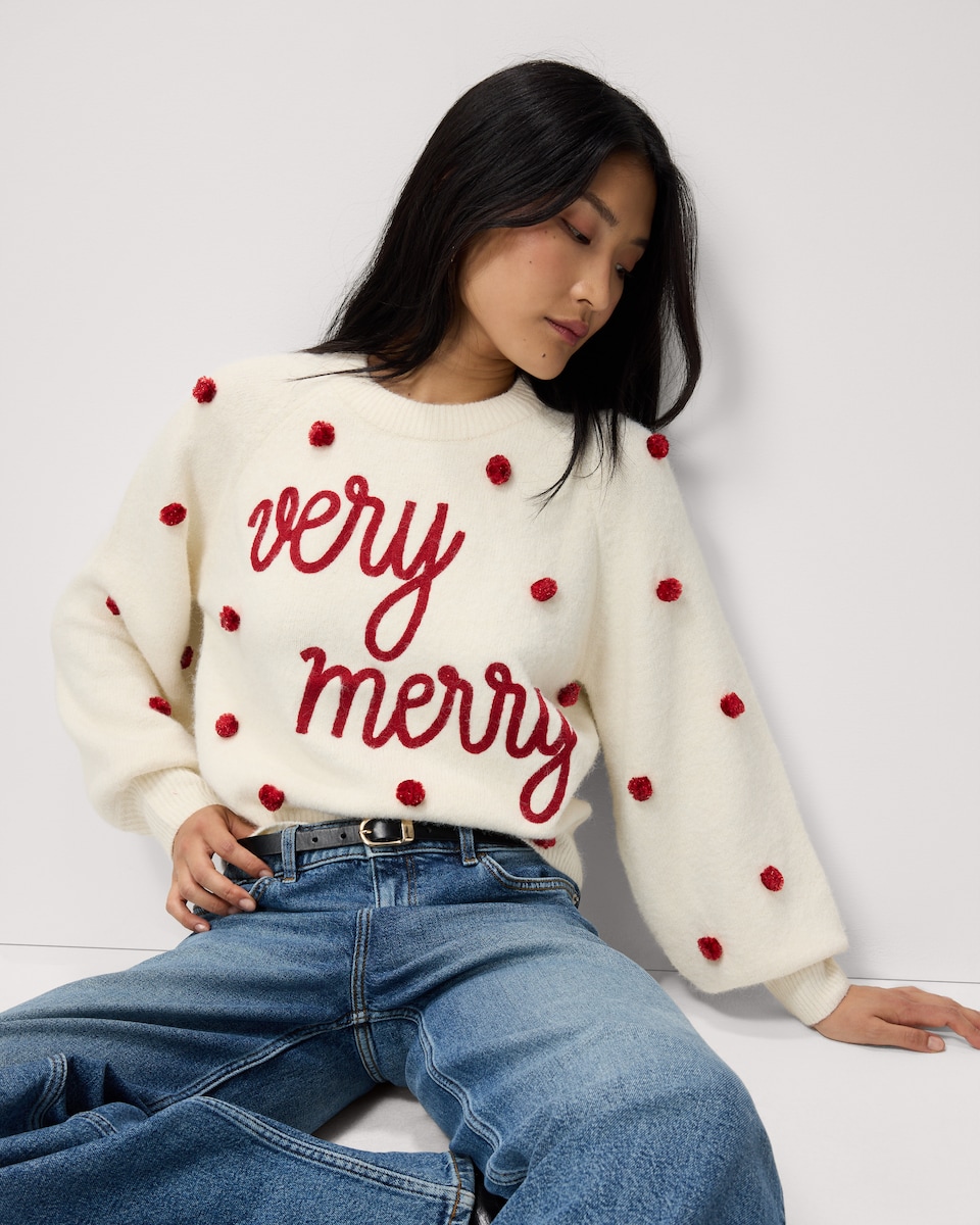 image 1 of Christmas Very Merry Pom Pom Christmas Jumper in Cream