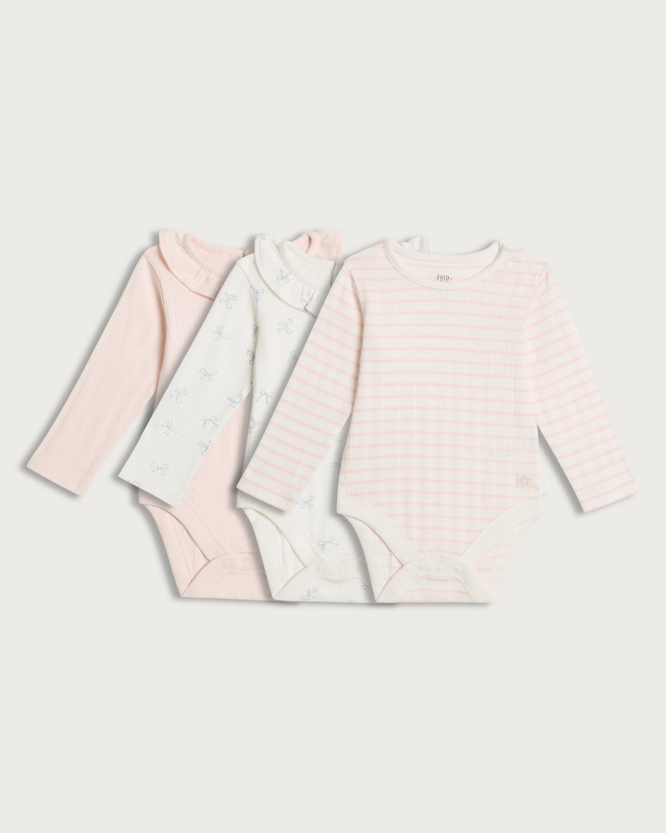 image 1 of F&F Baby 3-Pack Pure Cotton Pointelle Long Sleeved Bodysuits in Pink