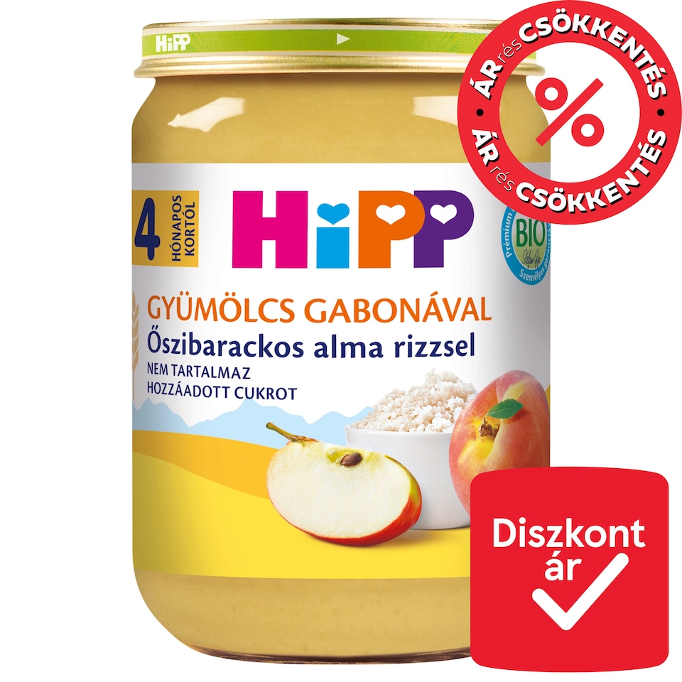 HiPP Gyümölcs Gabonával bio őszibarackos alma rizzsel bébidesszert 4 hónapos kortól 190 g