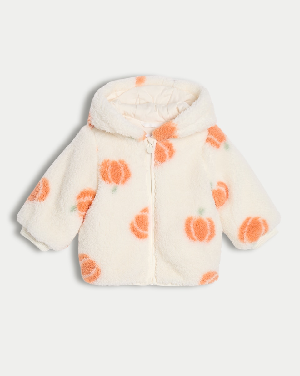 image 1 of F&F Baby Borg Textured Pumpkin Print Hooded Jacket in White