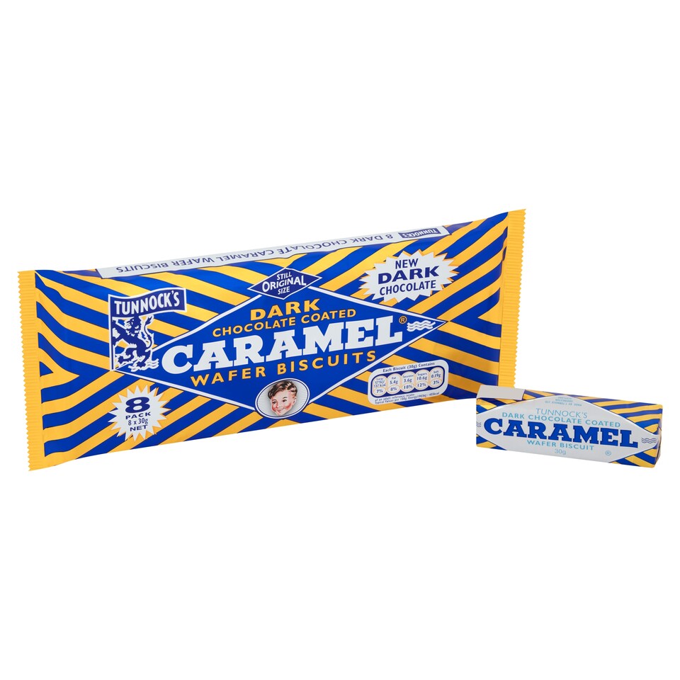 image 1 of Tunnocks Dark Chocolate Coated Caramel Wafer Biscuits Multipack, 8 Pack 248g