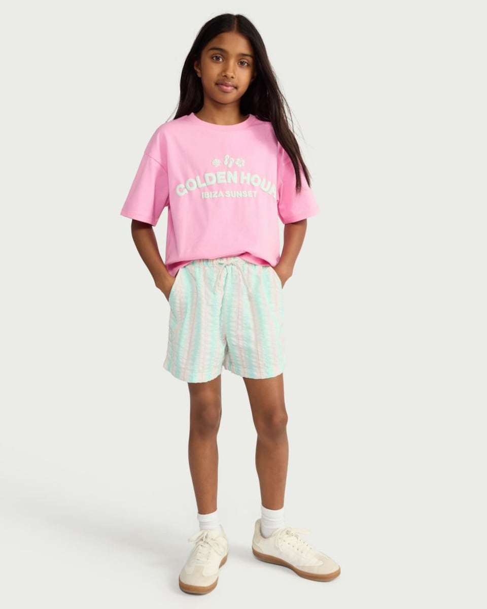 image 1 of F&F Girls Pure Cotton Striped Shorts in Green