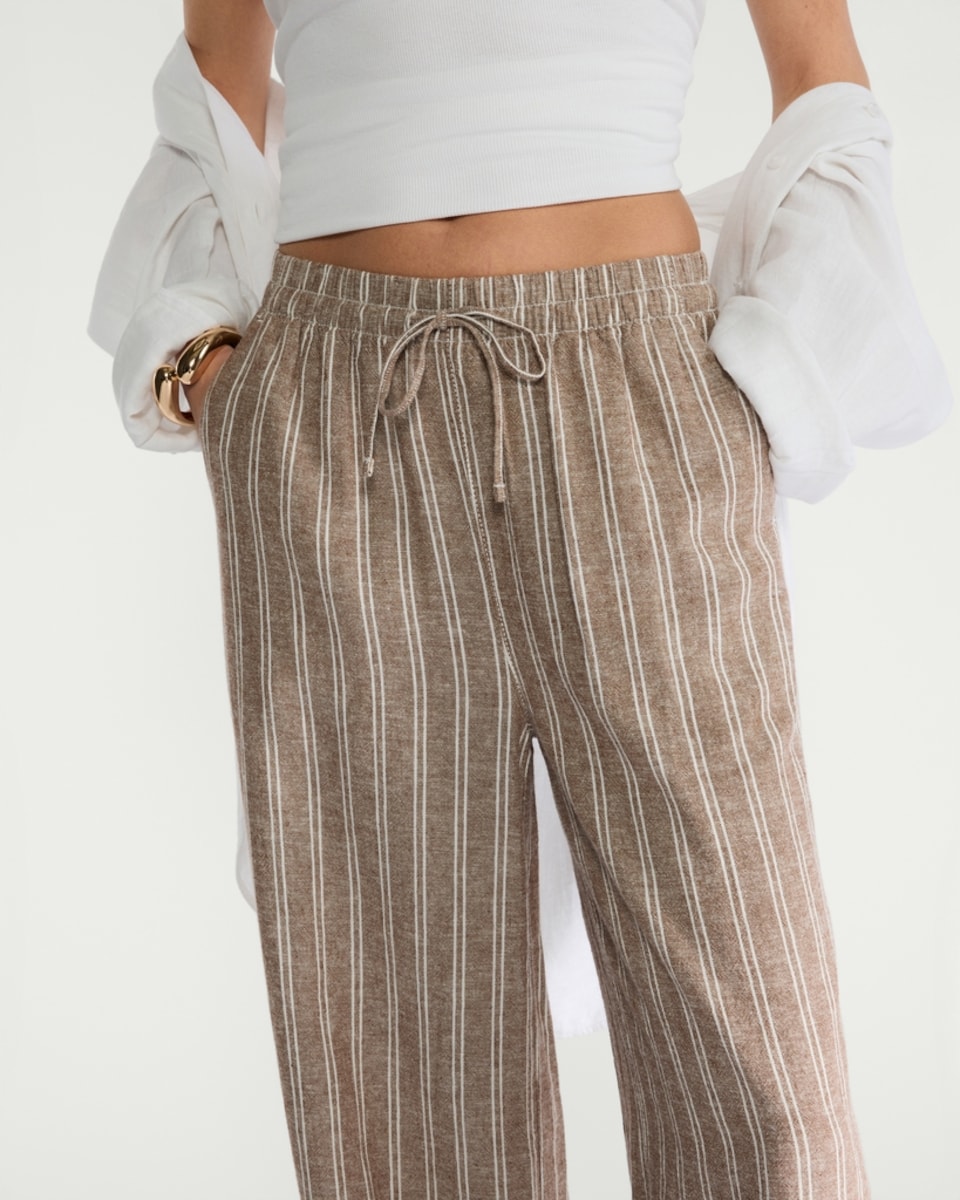 image 1 of F&F Linen Rich Striped Wide Leg Drawstring Trousers in Brown