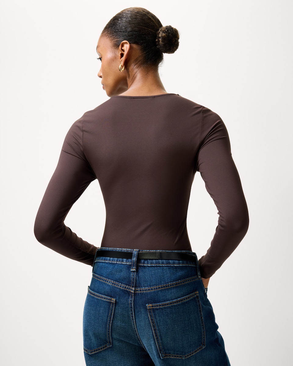 image 1 of F&F Polyamide Crew Neck Long Sleeved Bodysuit in Brown