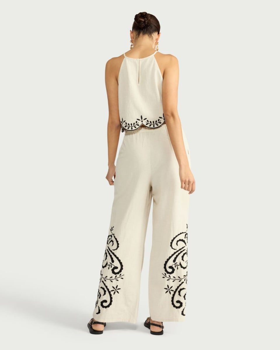 image 1 of F&F Cotton Rich Embroidered Wide Leg Co-ord Trousers with Linen in Cream