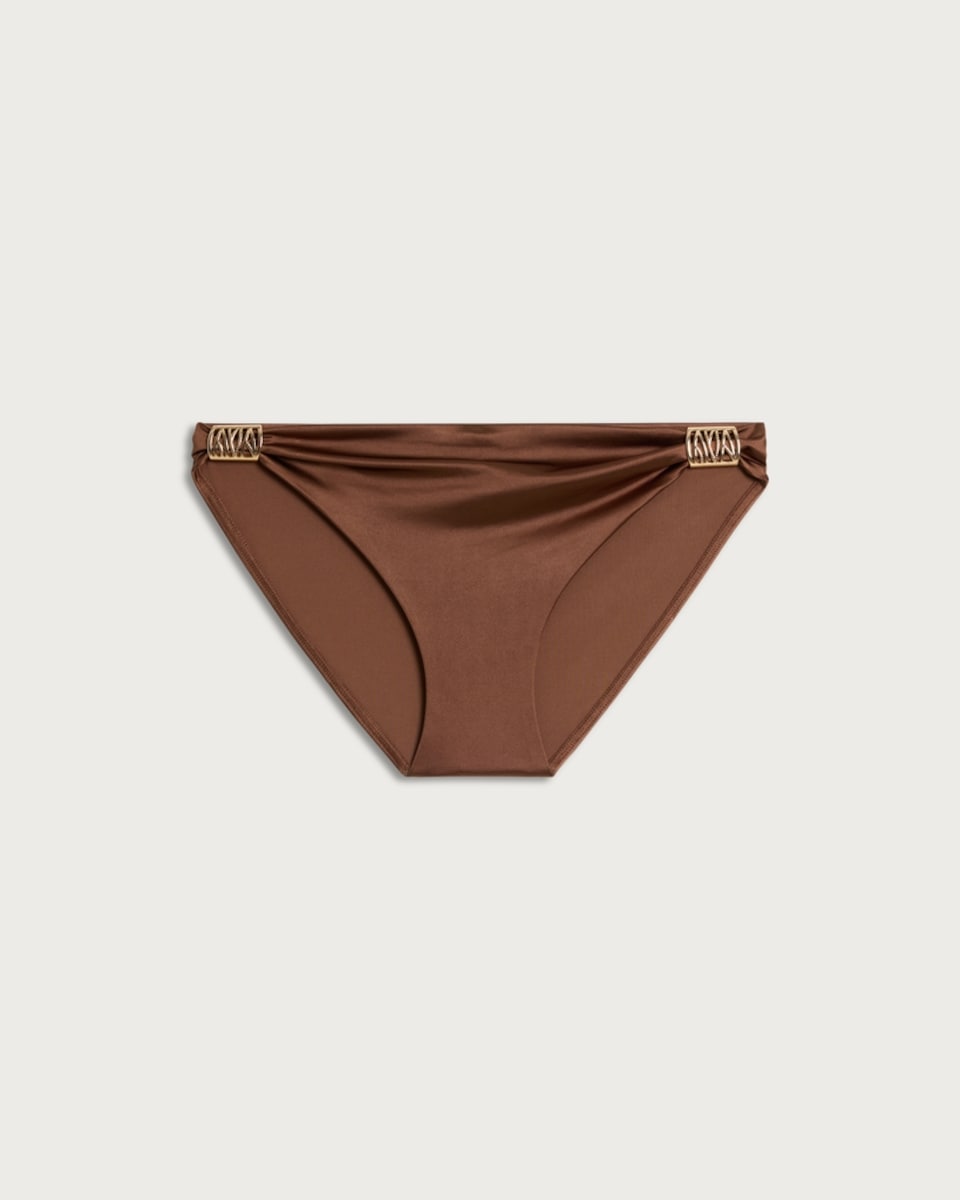 image 1 of F&F High Shine Metallic Trim Bikini Bottoms in Brown
