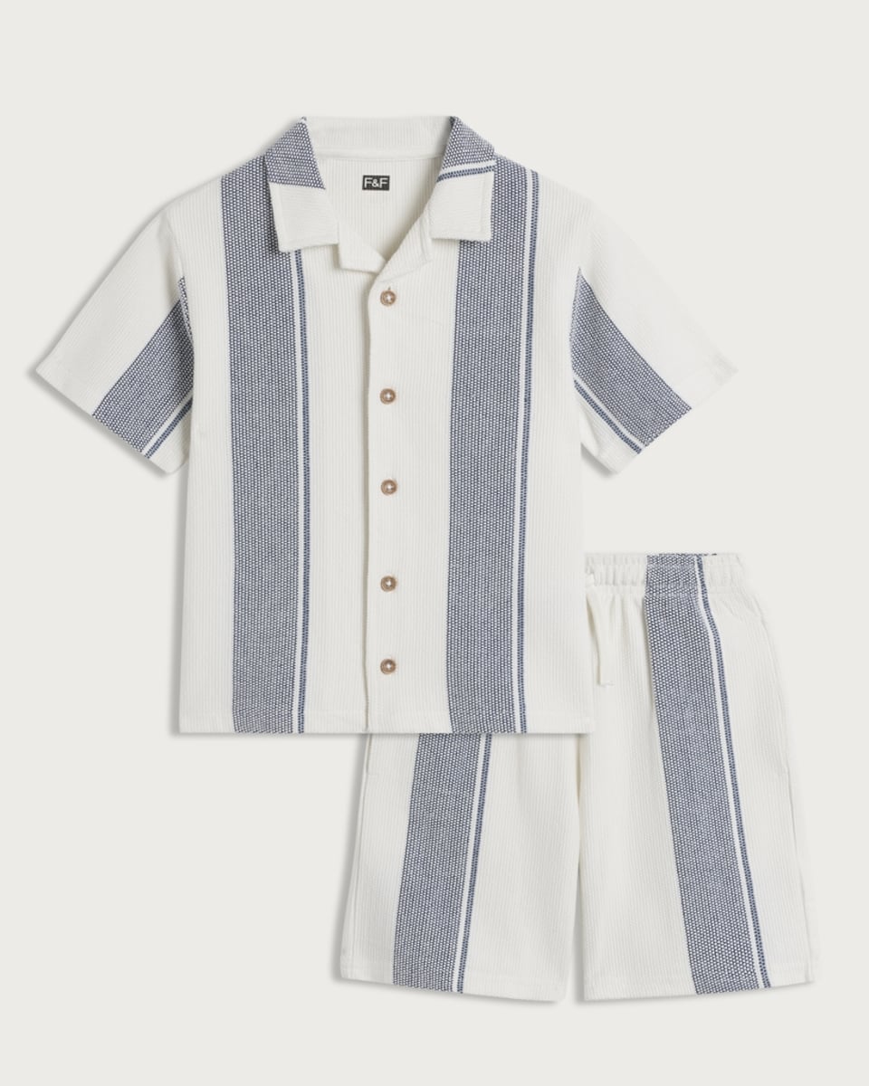 image 1 of F&F Boys 2-Piece Pure Cotton Textured Striped Shirt and Shorts Set in Cream