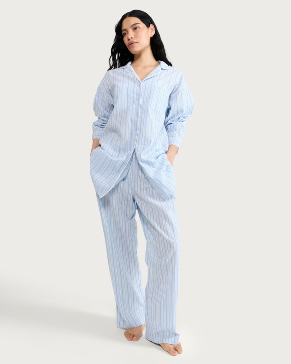 image 1 of F&F Pure Cotton Textured Striped Pyjama Shirt in Multi Blue