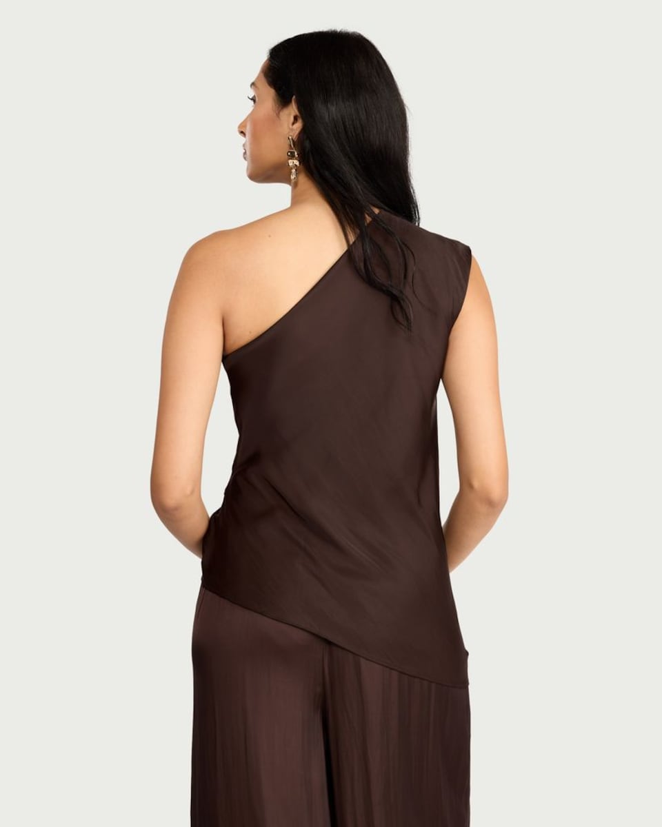image 1 of The F&F Edit Satin One Shoulder Co-ord Top in Chocolate