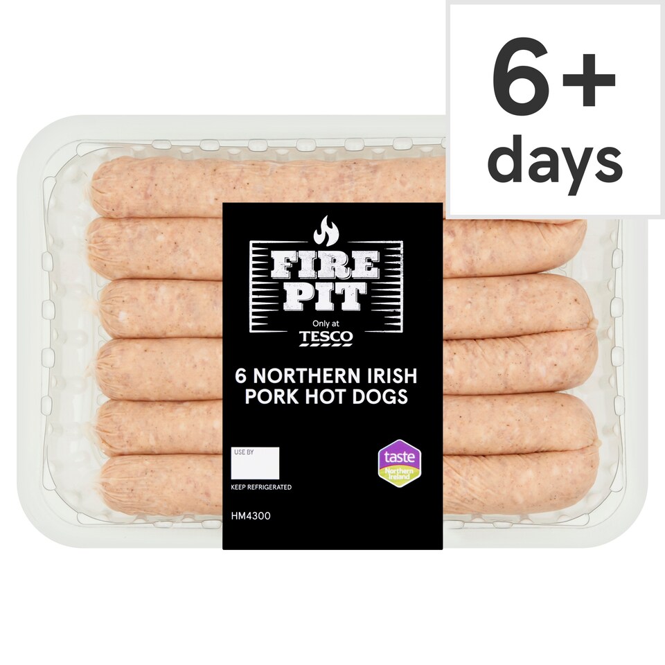 Tesco Fire Pit 6 Northern Irish Pork Hot Dogs 600g
