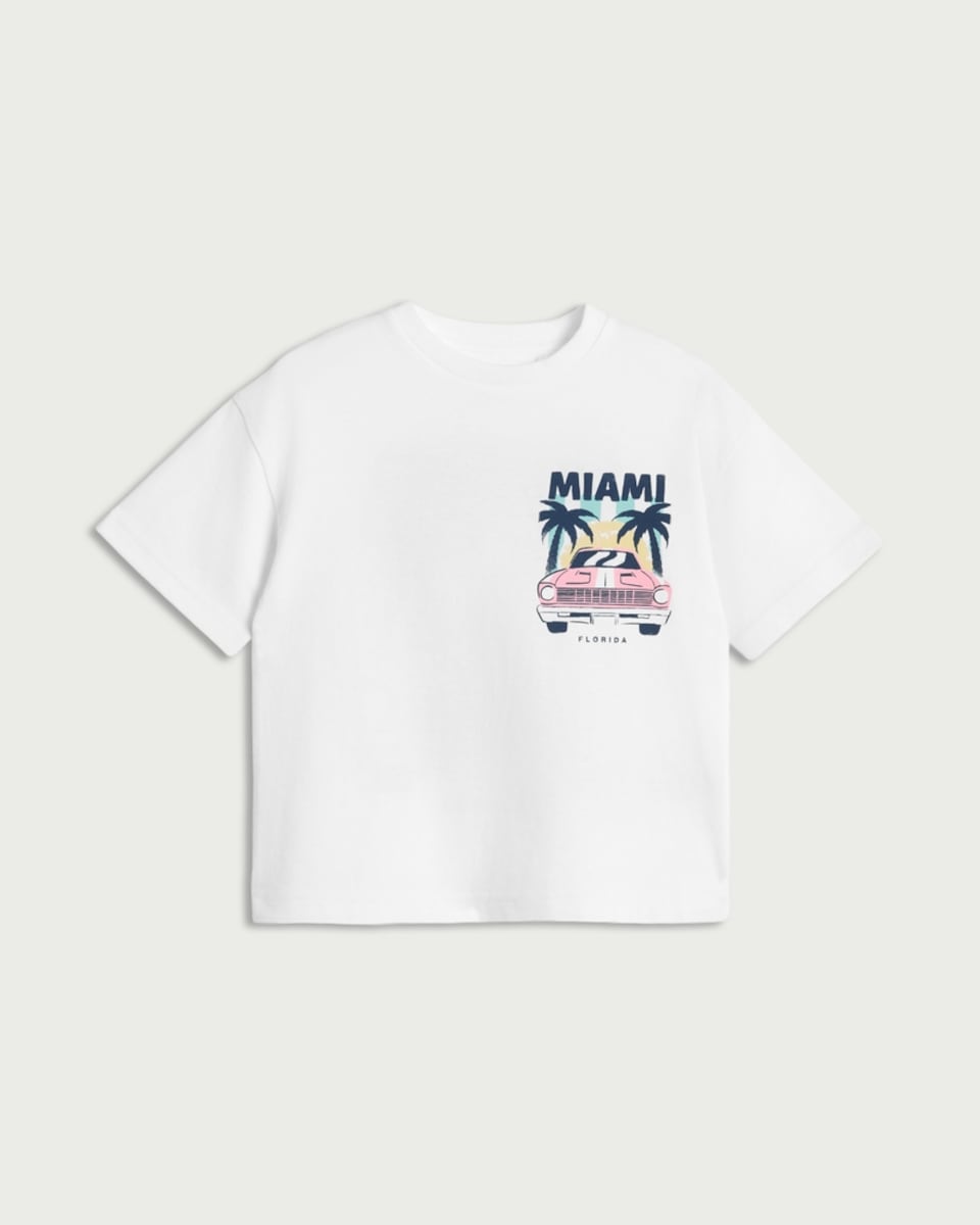 image 1 of F&F Boys Pure Cotton Miami Florida Car Print T-Shirt in White
