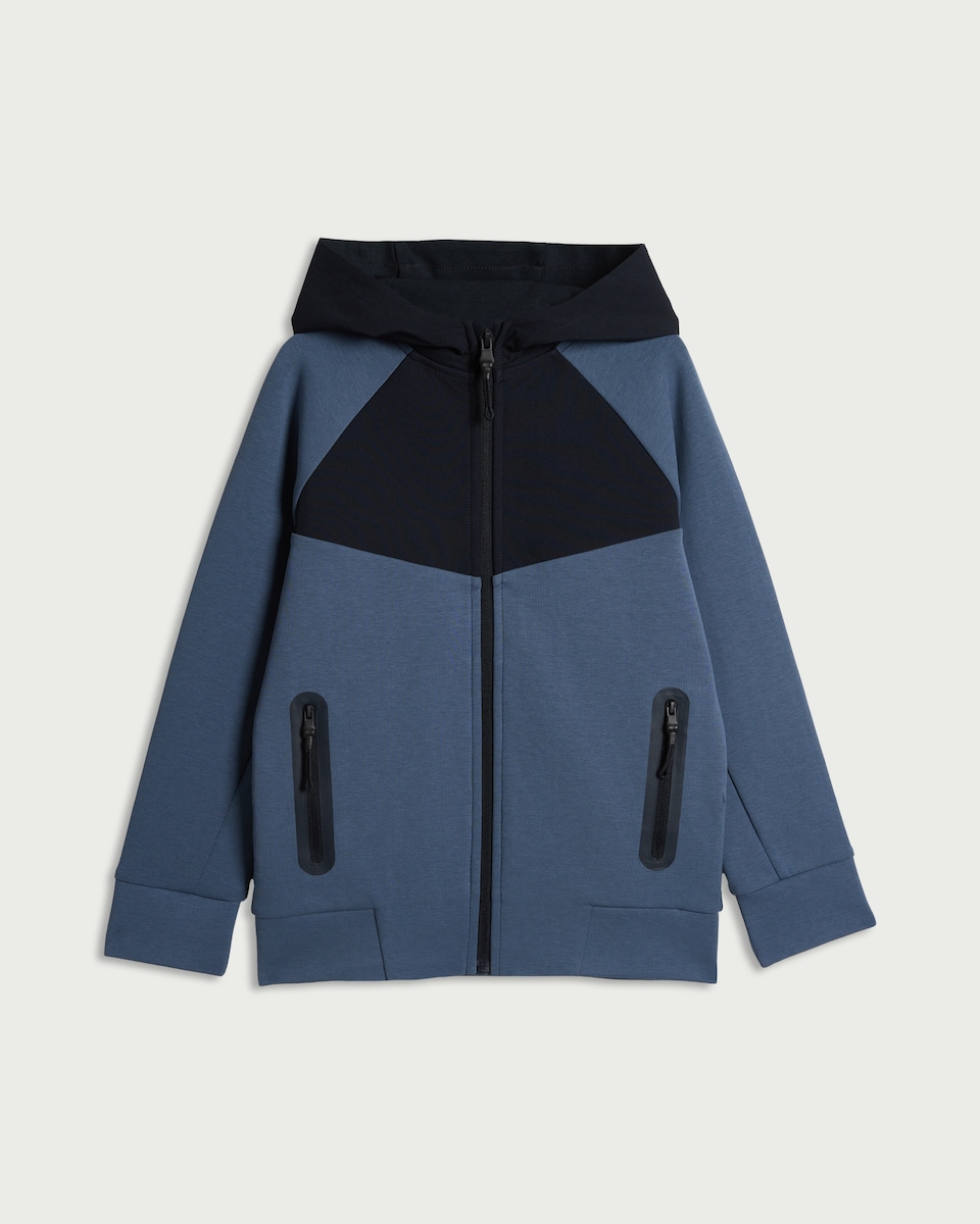 image 1 of F&F Active Boys TECHSPORT Cotton Rich Colour Block Hoodie in Navy