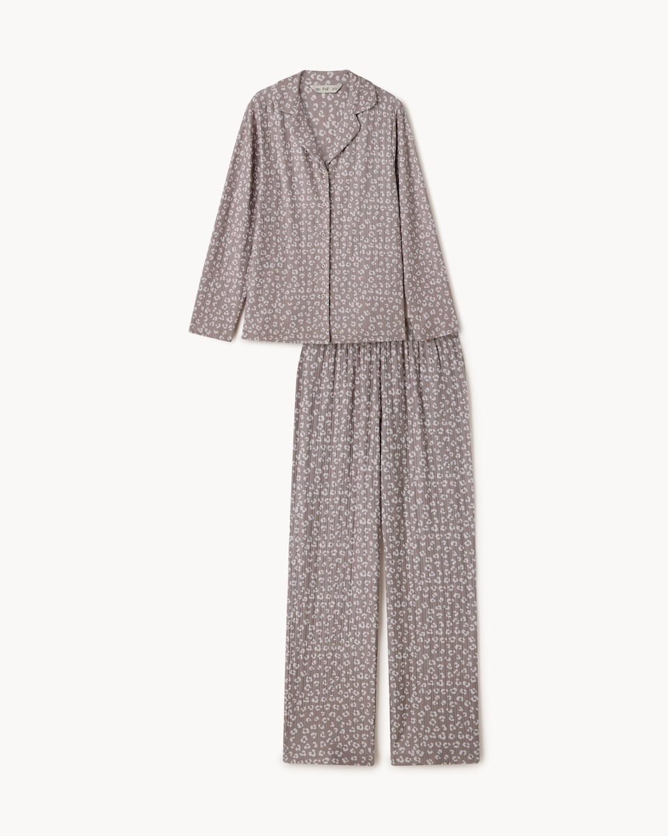 image 1 of F&F Pointelle Animal Print Revere Pyjama Set in Neutral