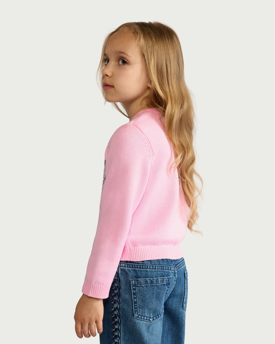 image 1 of F&F Girls Pure Cotton Sequin Unicorn Cardigan in Pink