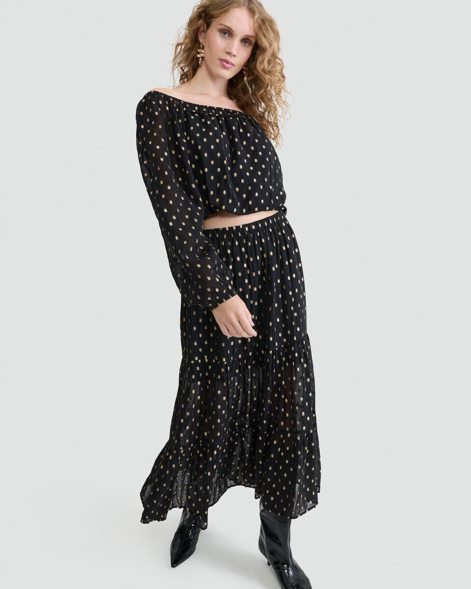 image 1 of F&F Tiered Metallic Polka Dot Co-ord Midi Skirt in Black