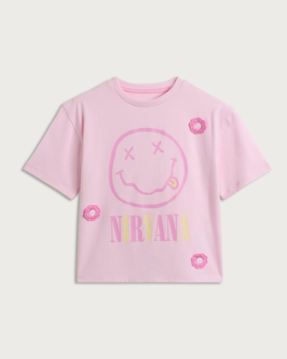 image 1 of Nirvana Pure Cotton Smiley Face Print T-Shirt in Pink