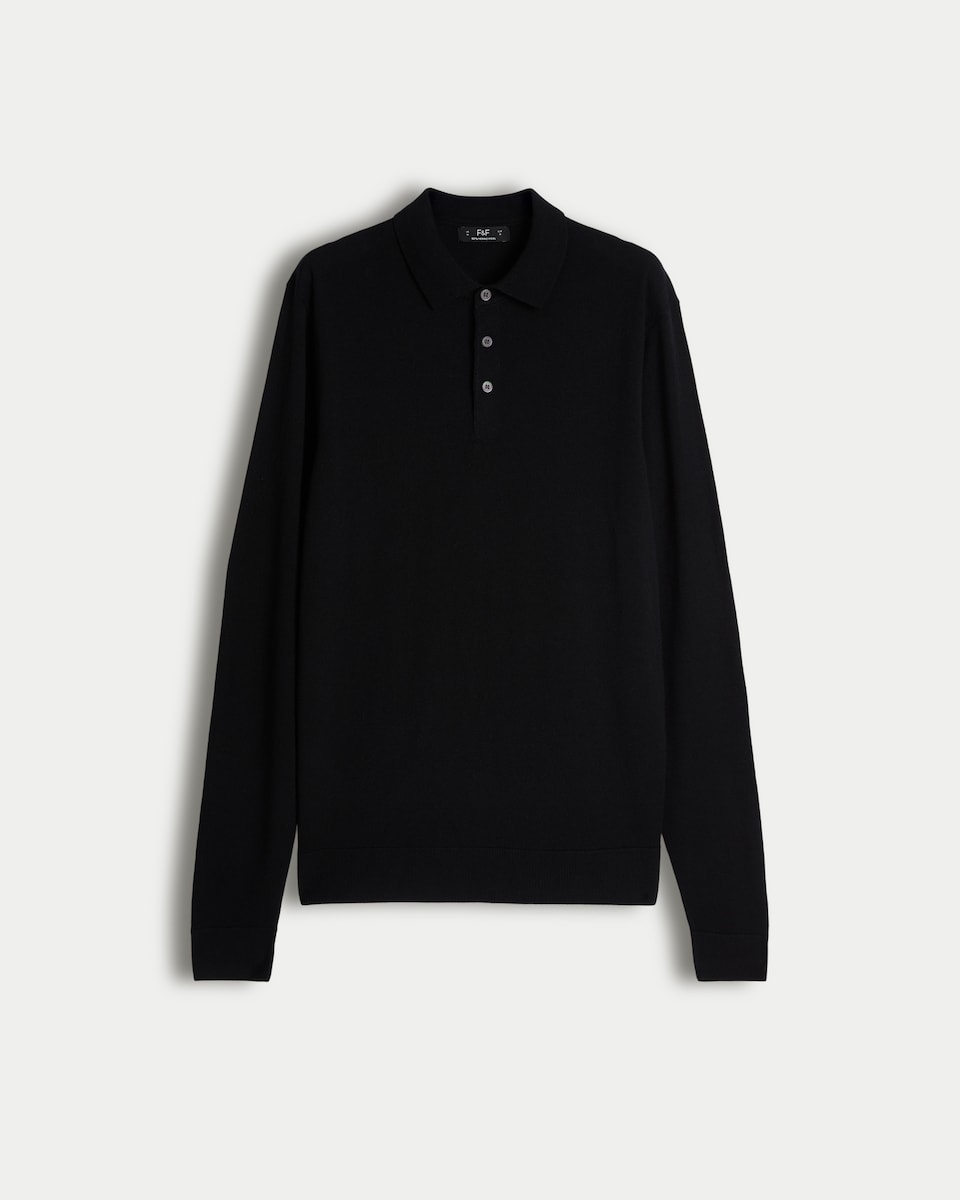 F&F Pure Merino Wool Long Sleeved Polo Shirt in Black
