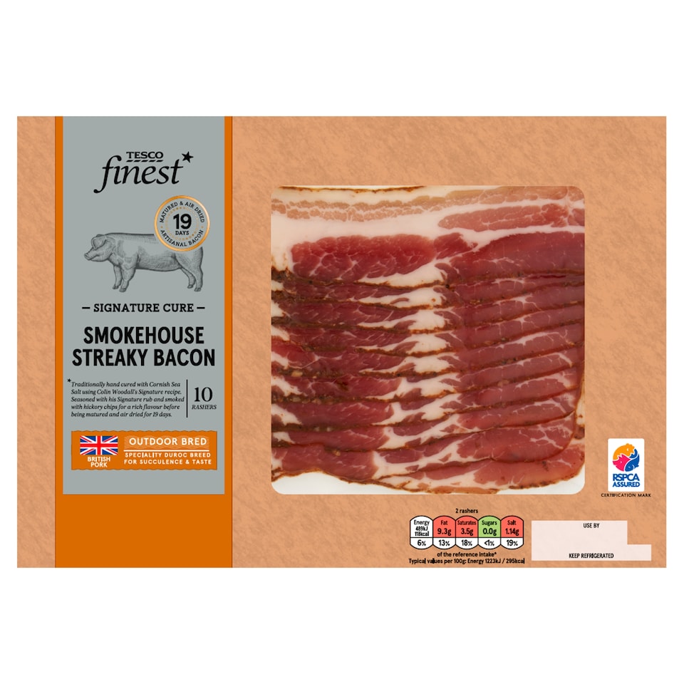 Tesco Finest* Signature 10 British Outdoor Bred Smoked Signature Rub Streaky Bacon Rashers 200g