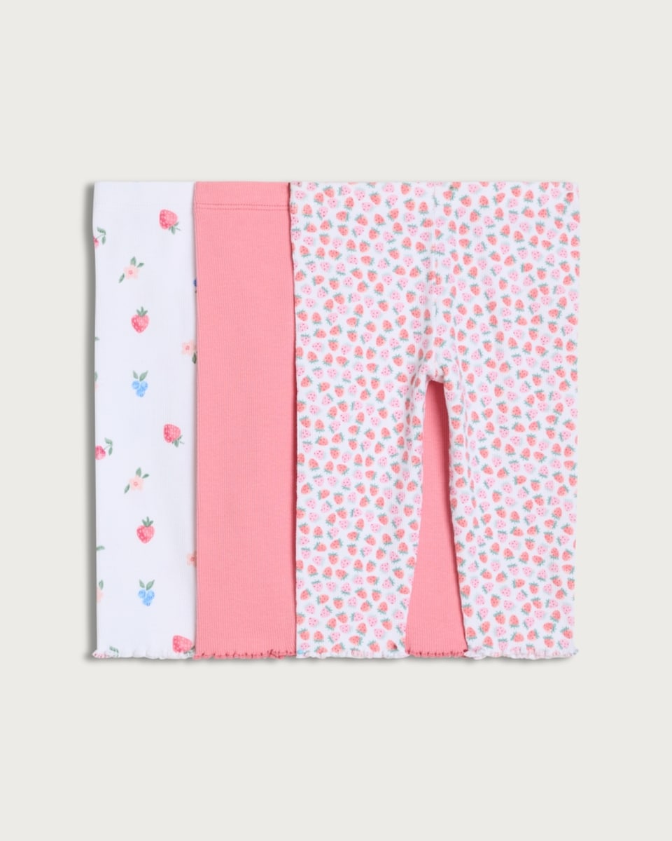 F&F Baby 3-Pack Cotton Rich Ribbed Fruit Print Leggings in Pink