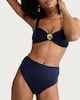 image 1 of F&F High Shine Ruched High Waisted Bikini Bottoms in Navy