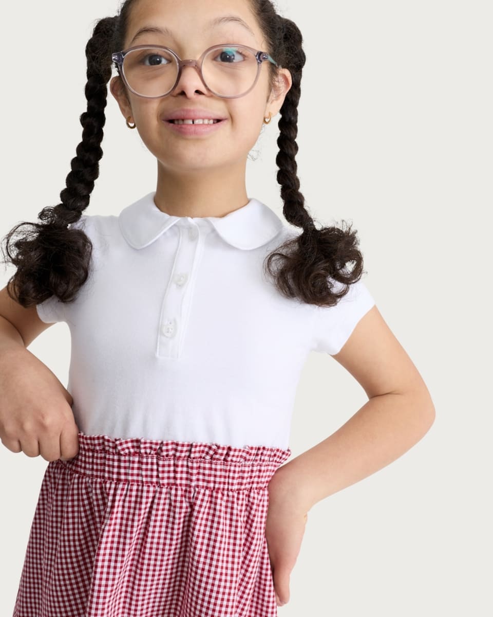 image 1 of F&F School Girls Cotton Rich 2 in 1 Gingham Polo Dress in Red