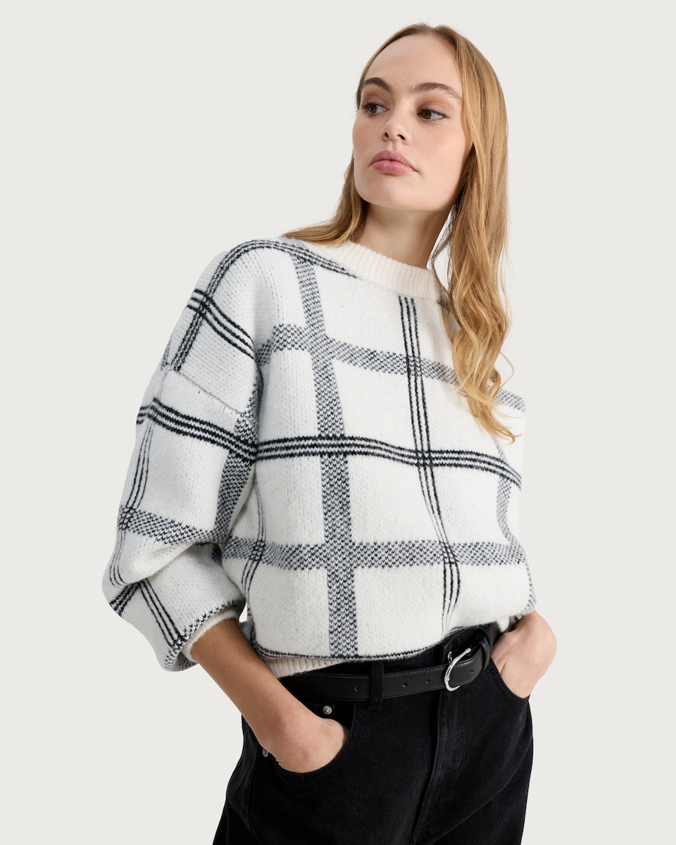 image 1 of F&F Check Print Oversized Jumper  in Multi White
