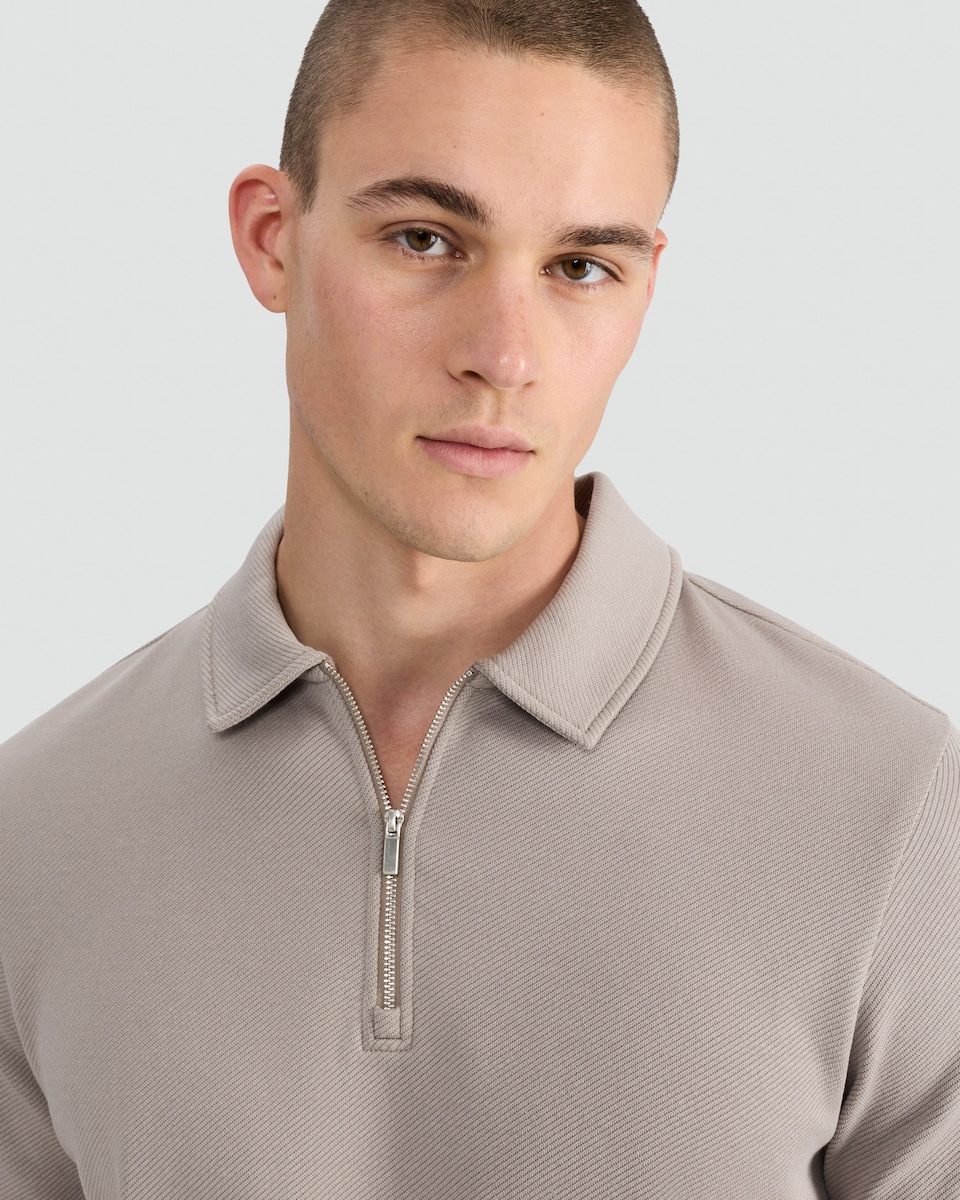 image 1 of The F&F Edit Cotton Rich Twill Textured Zip Neck Polo Shirt in Brown