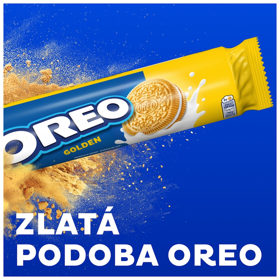 Obrázek 1 pro produkt OREO zlaté s vanilkovou příchutí sušenky s náplní vhodné pro vegetariány 14 sušenek 154 g