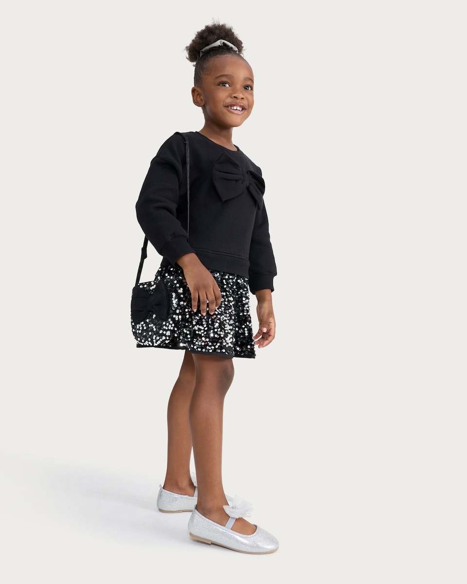 image 1 of F&F Girls Sequin Bow Dress and Matching Bag Set in Black