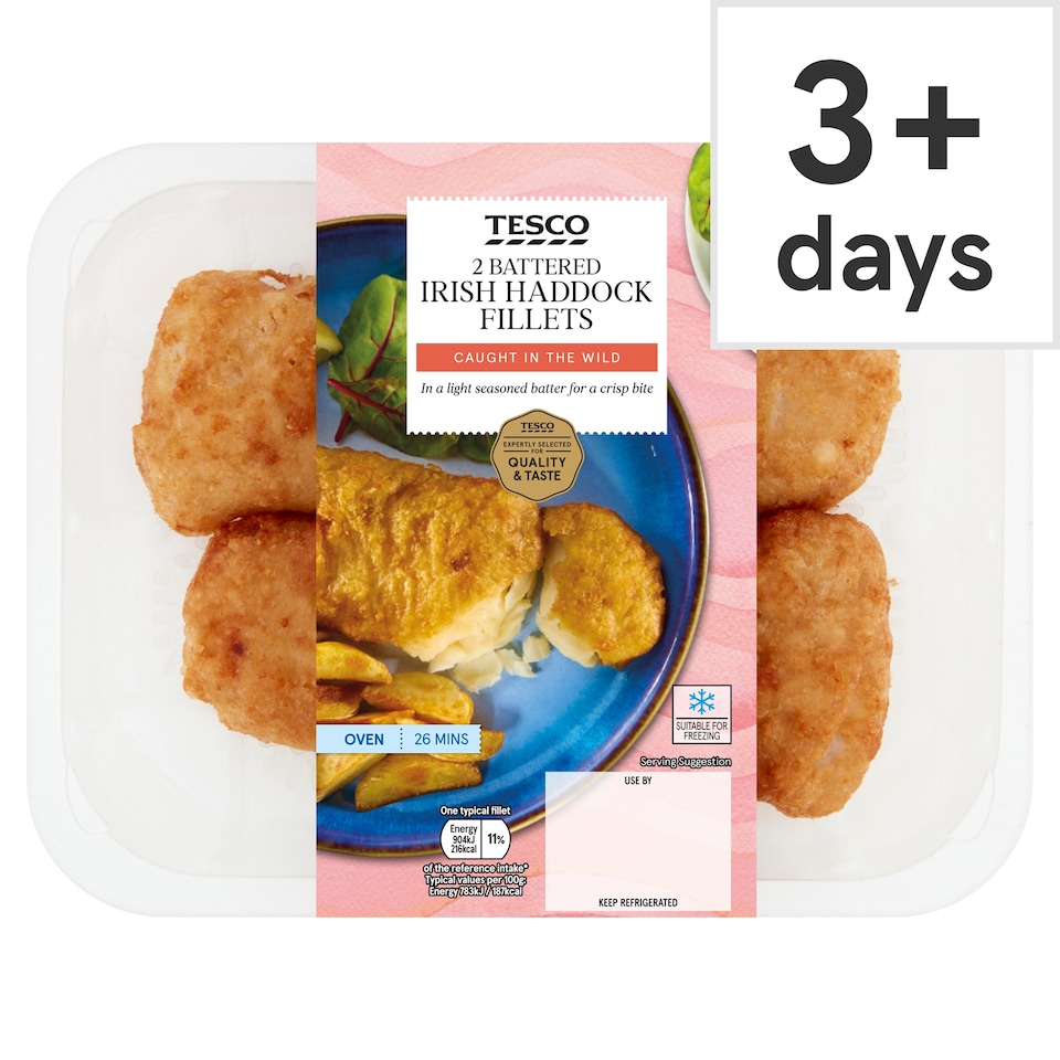 Tesco 2 Battered Irish Haddock Fillets 280G