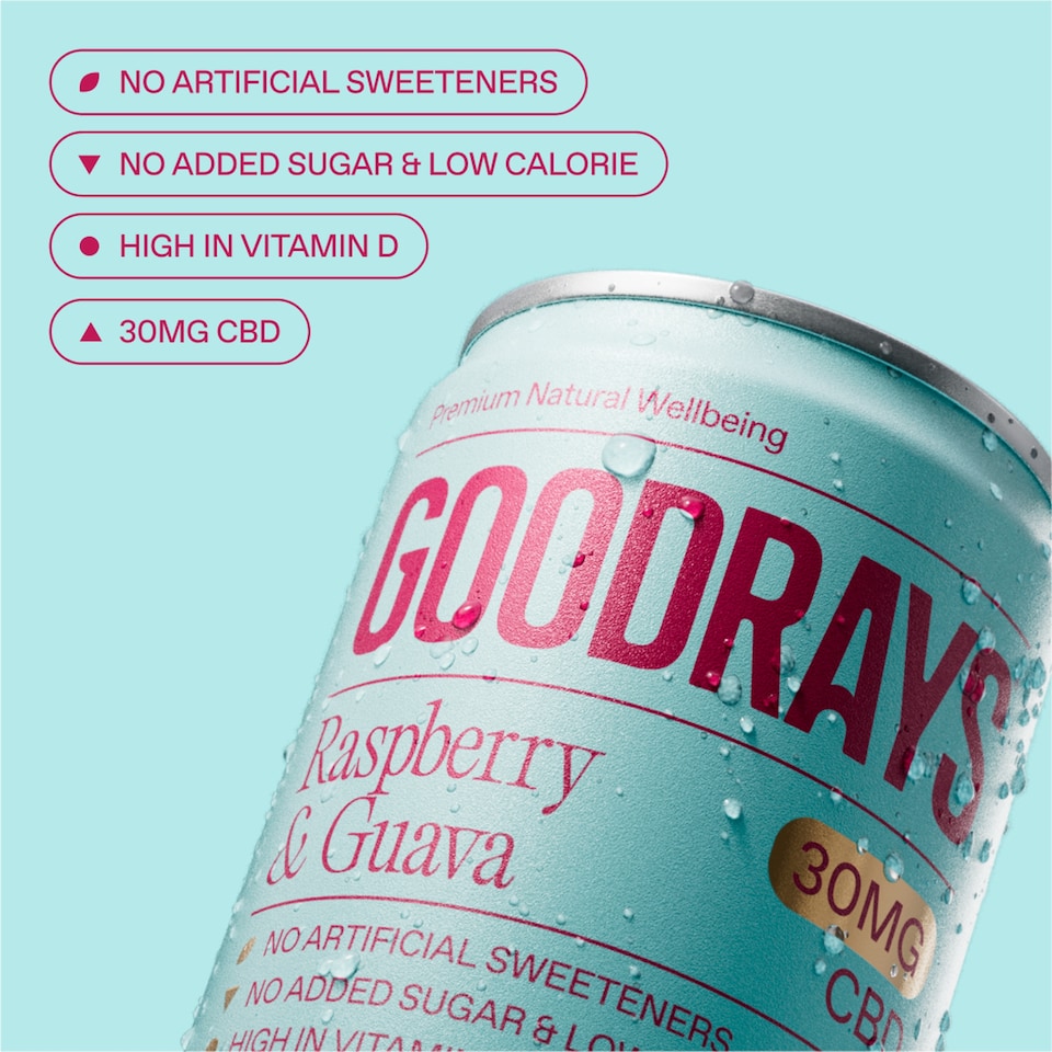 image 1 of Goodrays Natural Cbd Raspberry & Guava Drink 4 X 250Ml