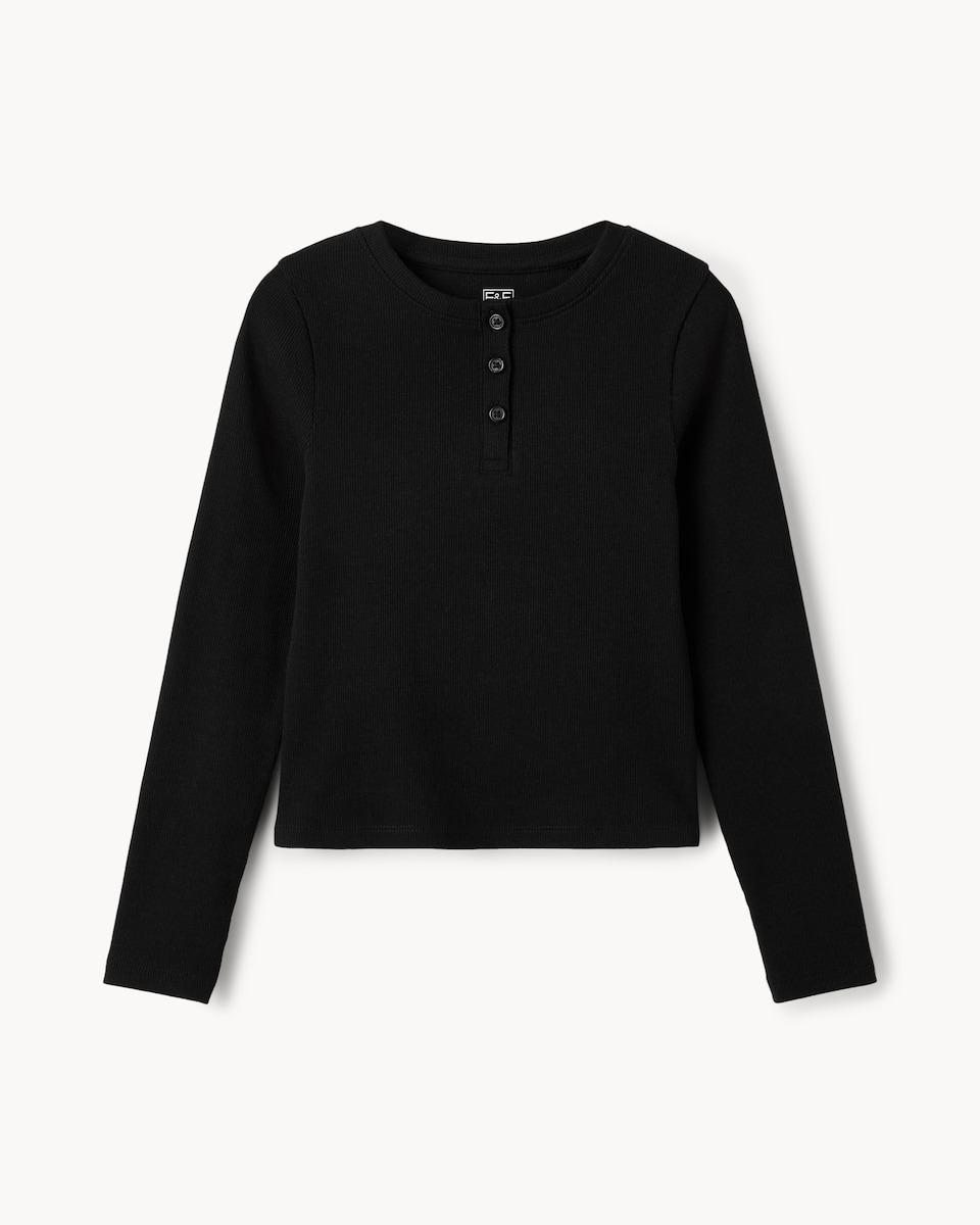 image 1 of F&F Girls Cotton Rich Ribbed Henley Top in Black