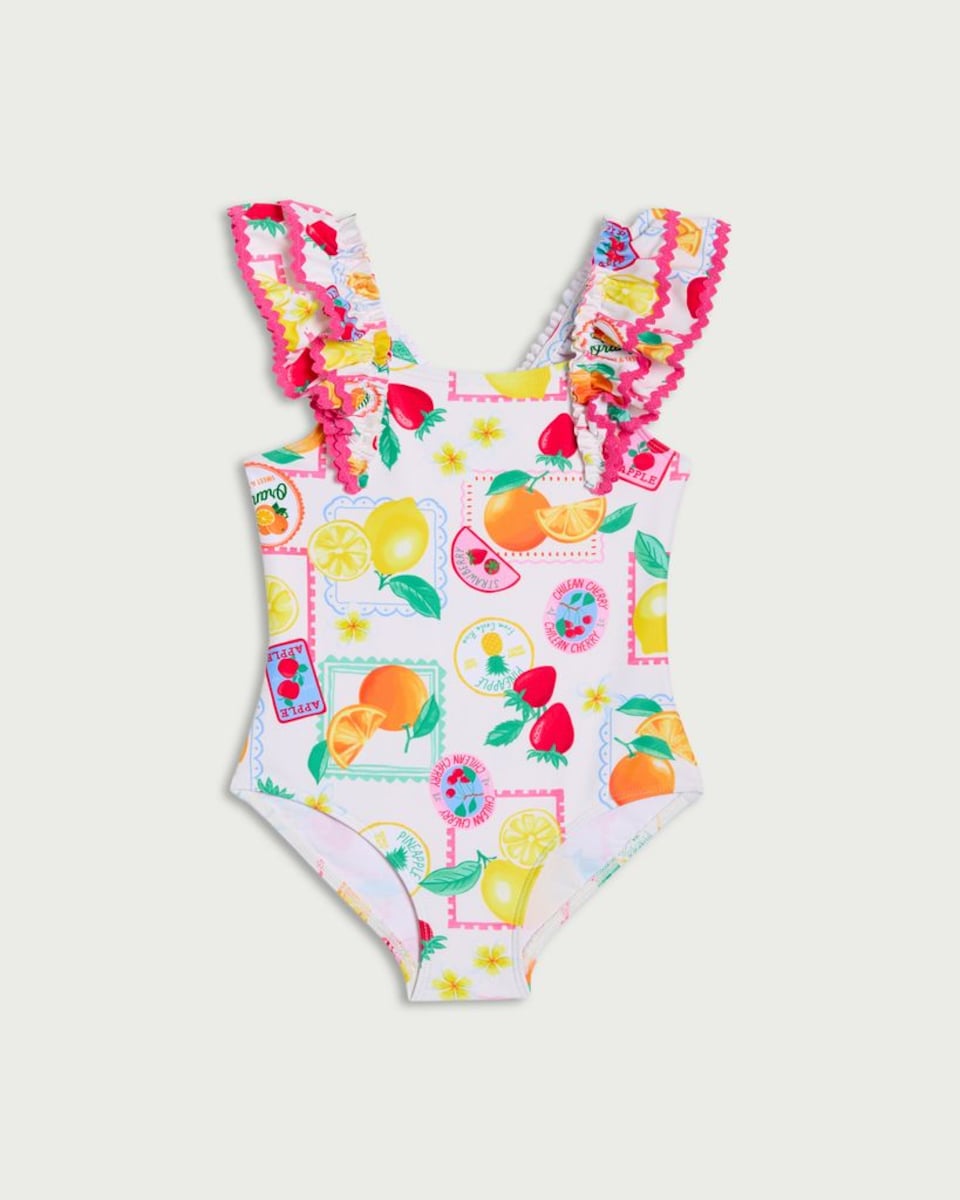 image 1 of F&F Girls Fruit Print Ruffle Strap Swimsuit in White